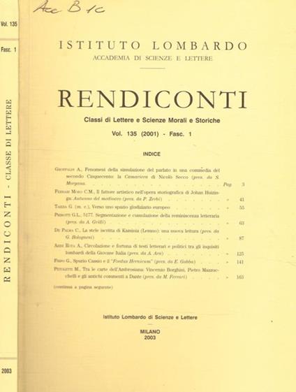 Istituto lombardo, accademia di scienze e lettere. Rendiconti. Classi di lettere e scienze morali e storiche Vol. 135 (2001) fasc.1 - copertina