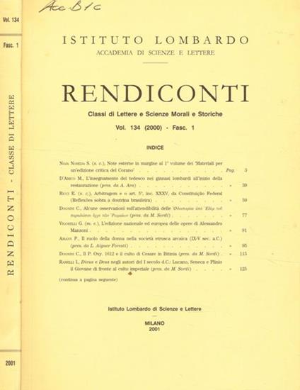 Istituto lombardo. Accademia di scienze e lettere. Rendiconti. Classe di lettere e scienze morali e storiche. Vol. 134 (2000) fasc.1 - copertina