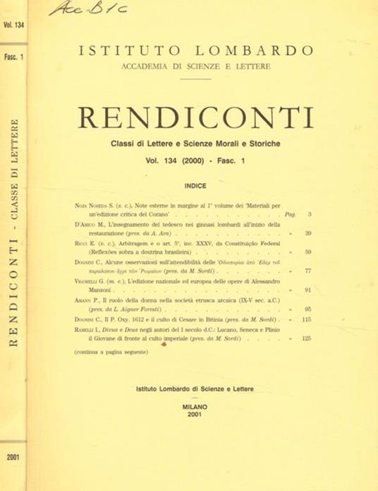 Istituto lombardo. Accademia di scienze e lettere. Rendiconti. Classe di lettere e scienze morali e storiche. Vol. 134 (2000) fasc.1 - copertina