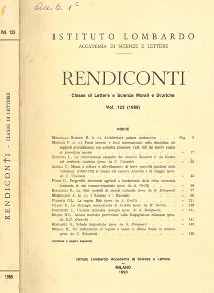 Istituto lombardo. Accademia di scienze e lettere. Rendiconti. Classe di lettere e scienze morali e storiche. Vol.123 (1989) - copertina