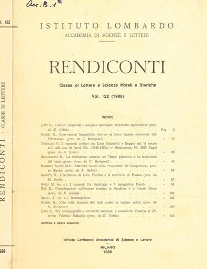 Istituto lombardo, accademia di scienze e lettere. Rendiconti. Classe di lettere e scienze morali e storiche. Vol.122 (1988) - copertina