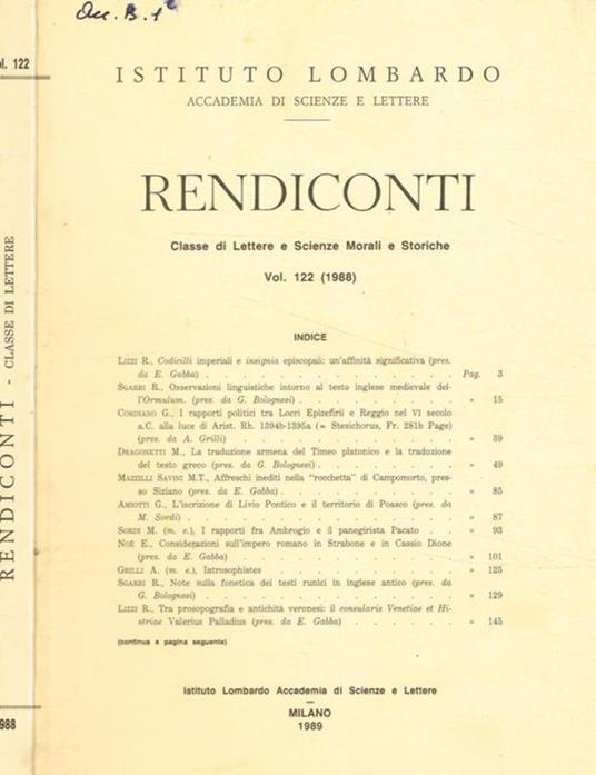 Istituto lombardo, accademia di scienze e lettere. Rendiconti. Classe di lettere e scienze morali e storiche. Vol.122 (1988) - copertina