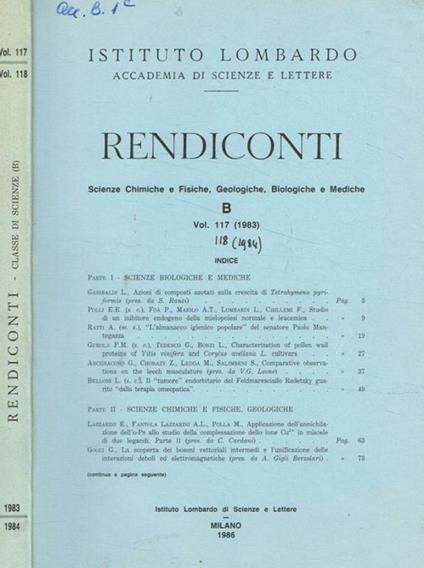 Istituto lombardo. Aaccademia di scienze e lettere. Rendiconti vol.117 (1983) vol.118 (1984) - copertina