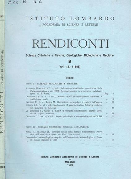 Istituto lombardo, accademia di scienze e lettere. Rendiconti vol.123 (1989) - copertina