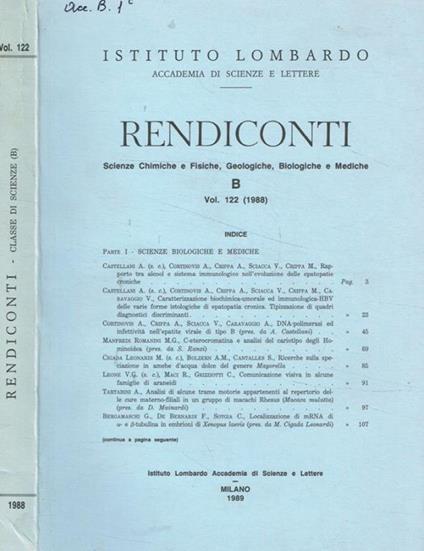 Istituto lombardo. Accademia di scienze e lettere. Rendiconti. Vol.122 (1988) - copertina