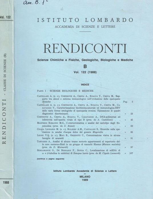 Istituto lombardo. Accademia di scienze e lettere. Rendiconti. Vol.122 (1988) - copertina