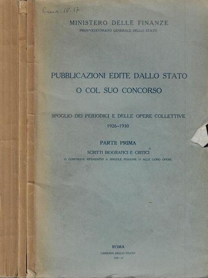 Pubblicazioni edite dallo Stato o col suo concorso. Catalogo generale+ Supplemento 1924-1930 e aggiunte al periodo anteriore - copertina