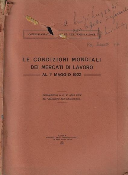 Le condizioni mondiali dei mercati di lavoro al 1° maggio 1922 - copertina
