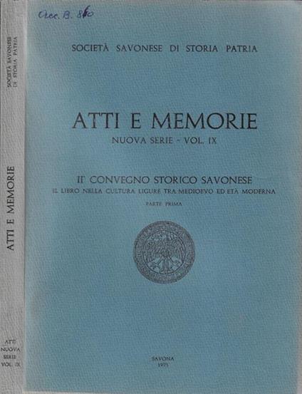 Società Savonese di Storia Patria atti e memorie nuova serie Vol. IX - copertina
