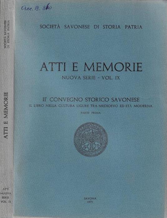 Società Savonese di Storia Patria atti e memorie nuova serie Vol. IX - copertina