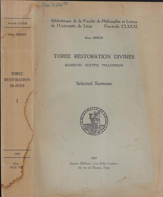 Three restoration divines Barrow, South, Tillotson Irene Simon - copertina