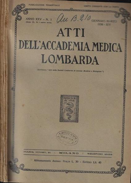 Atti dell'Accademia Medica Lombarda Anno 1936 - copertina