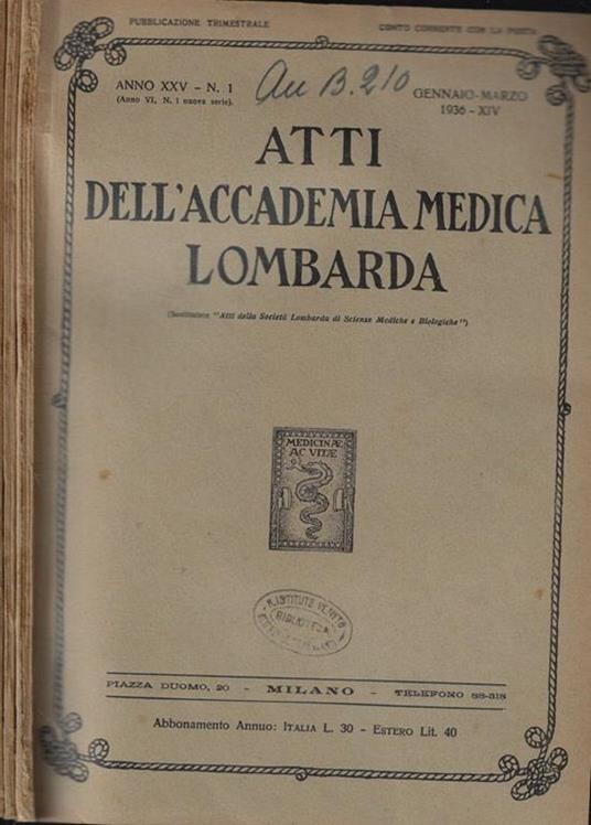 Atti dell'Accademia Medica Lombarda Anno 1936 - copertina