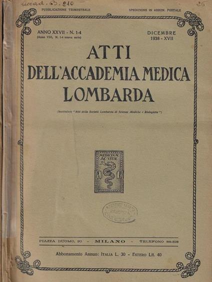 Atti dell'Accademia Medica Lombarda Anno 1938 + Supplemento - copertina
