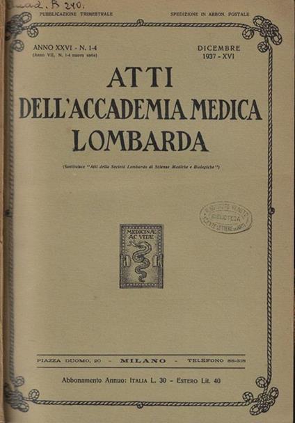 Atti dell'Accademia Medica Lombarda n. 1-4 Anno 1937 - copertina
