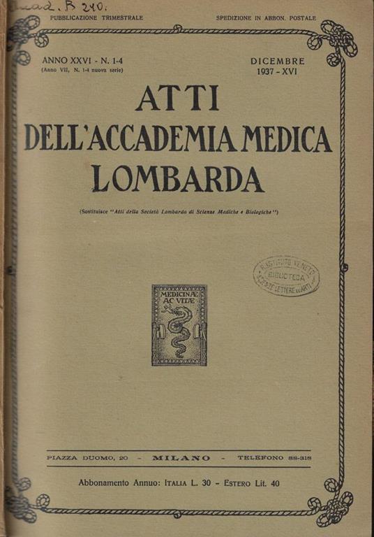 Atti dell'Accademia Medica Lombarda n. 1-4 Anno 1937 - copertina