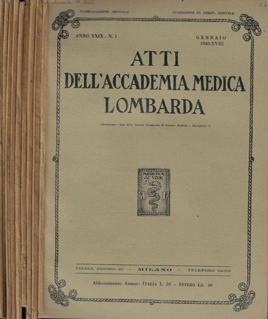 Atti dell'accademia Medica Lombarda Anno 1940 - copertina