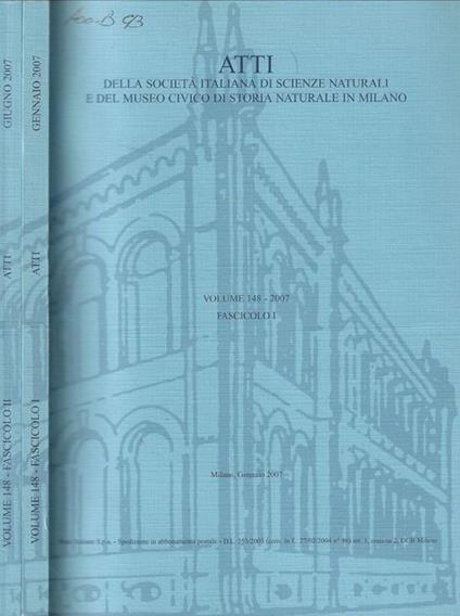 Atti della Società Italiana di Scienze Naturali e del Museo Civico di Storia Naturale in Milano Vol. 148-2007 Fasc. I-II - copertina