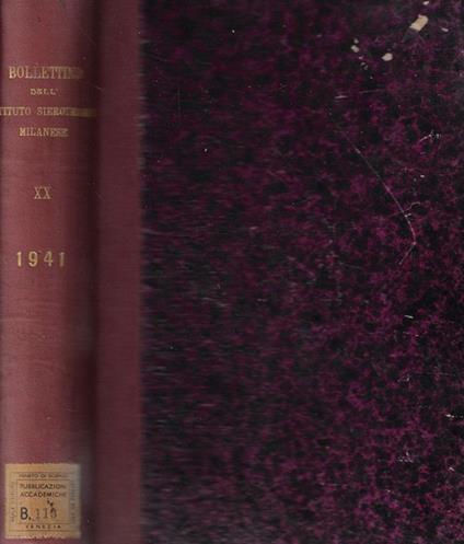 Bollettino dell'Istituto Sieroterapico Milanese Volume XX 1941 P. Rondoni, A. Zironi, direttori - copertina