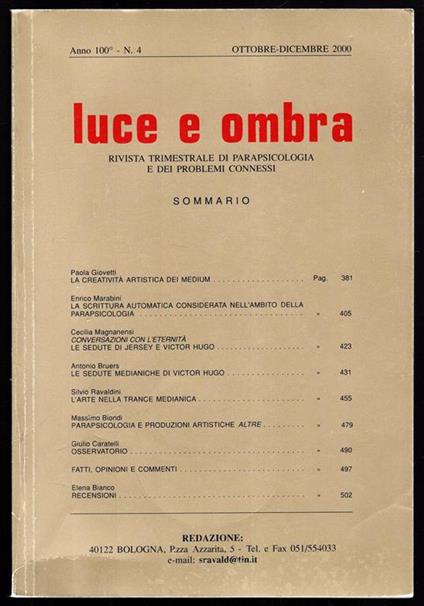 Luce e ombra. Anno 100° - N. 4 - Ottobre-Dicembre 2000 - copertina
