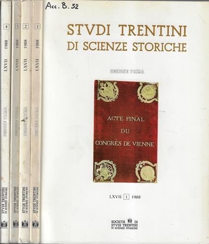 Studi trentini di scienze storiche LXVII N. 1, 2, 3, 4 1988 - copertina