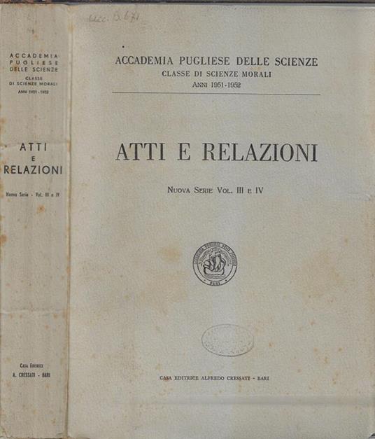 Accademia pugliese delle scienze atti e relazioni Nuova serie Vol. III e IV - copertina