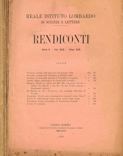 Reale istituto lombardo di scienze e lettere. Rendiconti serie II, vol.XLIX, fasc.II/III, IV, V, VI, XV - copertina