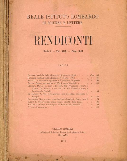 Reale istituto lombardo di scienze e lettere. Rendiconti serie II, vol.XLIX, fasc.II/III, IV, V, VI, XV - copertina