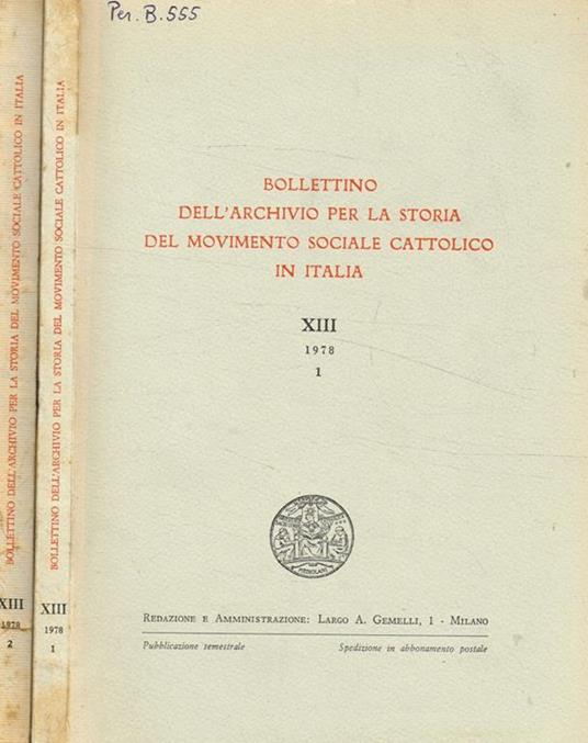 Bollettino dell'archivio per la storia del movimento sociale cattolico in italia. XIII, 1978 - copertina