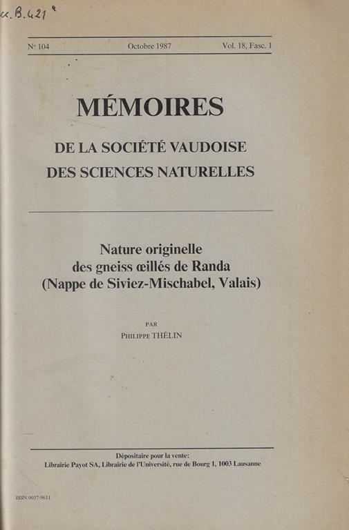 Memoires de la Société Vaudoise des sciences naturelles Vol. 18- fasc. 1 - copertina