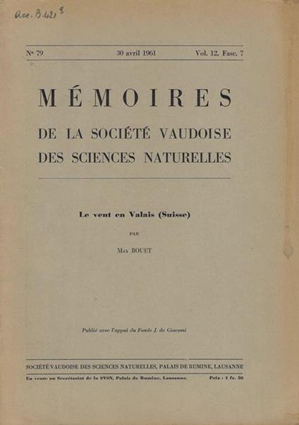 Memoires de la Société Vaudoise des sciences naturelles Vol. 12-fasc. 7 - copertina