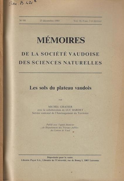 Memoires de la Société Vaudoise des sciences naturelles Vol. 16-fasc. 3 - copertina