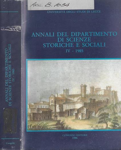 Università degli studi di Lecce annali del dipartimento di scienze storiche e sociali IV 1985 - copertina