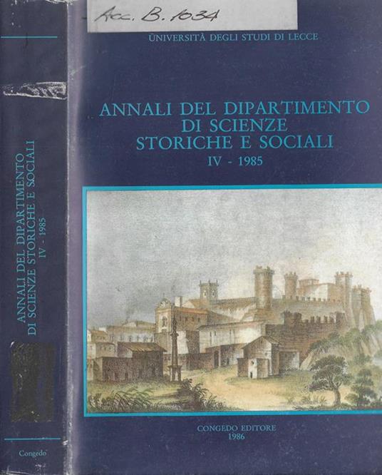 Università degli studi di Lecce annali del dipartimento di scienze storiche e sociali IV 1985 - copertina