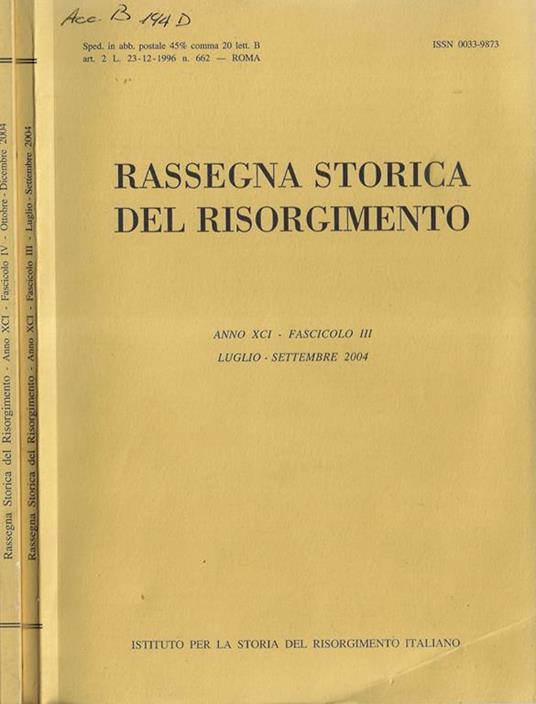 Rassegna storica del risorgimento anno 2004 Fascicolo III, IV - copertina