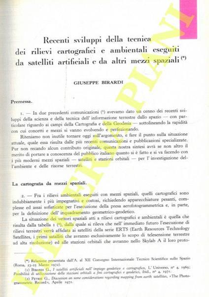 Recenti sviluppi della tecnica dei rilievi cartografici e ambientali eseguti da satelliti artificiali e da altri mezzi spaziali - Giuseppe Birardi - copertina