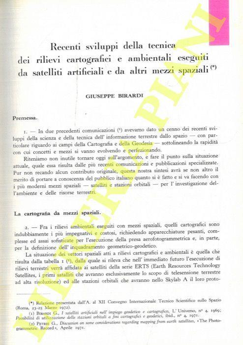 Recenti sviluppi della tecnica dei rilievi cartografici e ambientali eseguti da satelliti artificiali e da altri mezzi spaziali - Giuseppe Birardi - copertina