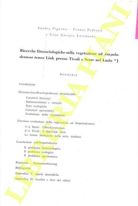 Ricerche fitosociologiche sulla vegetazione ad Ampelodesmos tenax Link presso Tivoli e Sezze nel Lazio - Sandro Pignatti - copertina