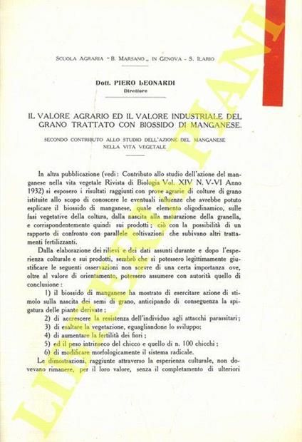 Il valore agrario ed il valore industriale del grano trattato con biossido di manganese - Piero Leonardi - copertina