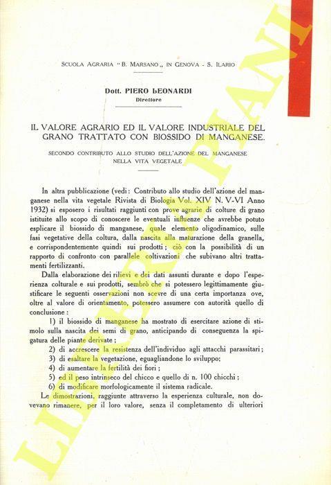 Il valore agrario ed il valore industriale del grano trattato con biossido di manganese - Piero Leonardi - copertina