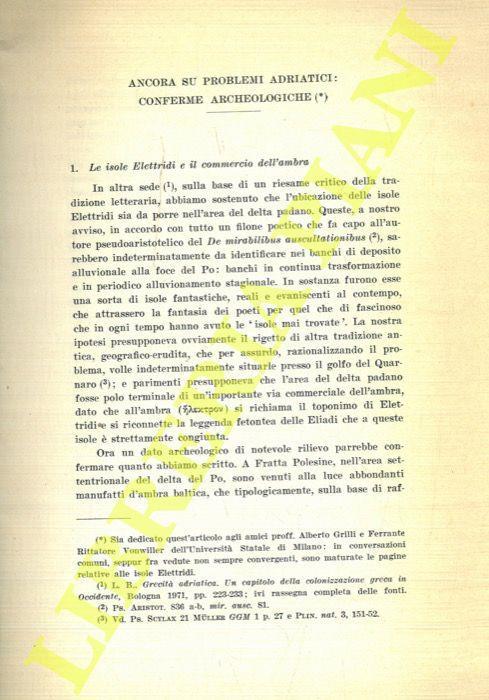 Ancora su problemi adriatici: conferme archeologiche. 1. Le isole Elettridi e il commercio dell'ambra. 2. Penetrazione siracusana e documentazione numismatica - Lorenzo Braccesi - copertina