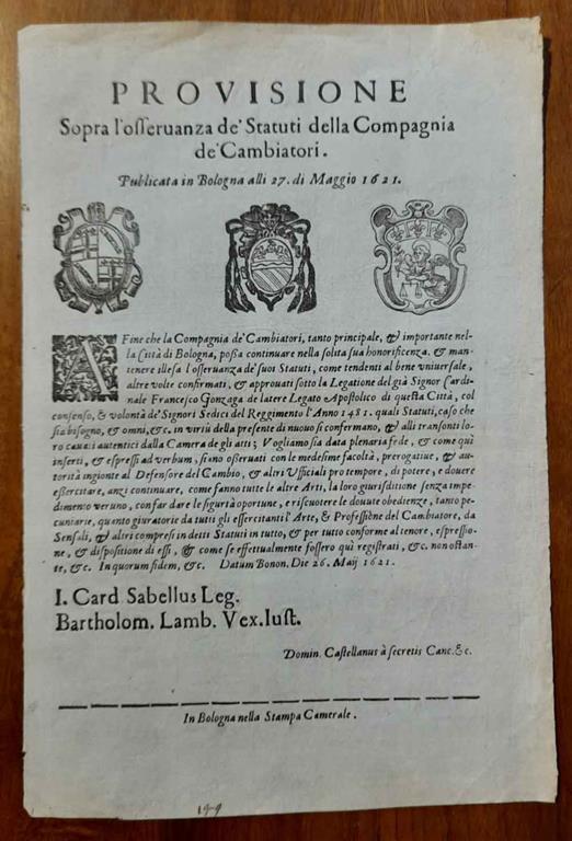 Provisione Sopra l'osservanza dè Statuti della Compagnia dè Cambiatori. Publicata in Bologna alli 27. di Maggio 1621 - copertina