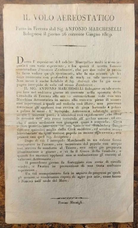 Il volo aereostatico fatto in Ferrara dal Sig, Antonio Marcheselli bolognese il giorno 26 corrente Giugno 1809 - copertina