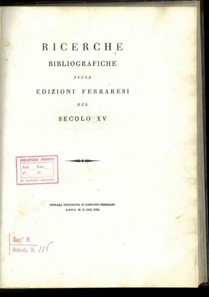 Ricerche bibliografiche sulle edizioni ferraresi del secolo XV - Giuseppe Antonelli - copertina