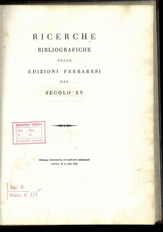 Ricerche bibliografiche sulle edizioni ferraresi del secolo XV - Giuseppe Antonelli - copertina