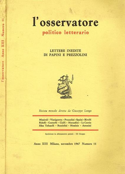 L' osservatore politico letterario. Rivista mensile, anno XIII, n.11, novembre 1967 - copertina