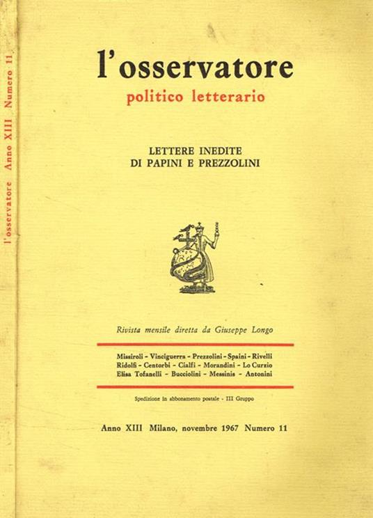 L' osservatore politico letterario. Rivista mensile, anno XIII, n.11, novembre 1967 - copertina