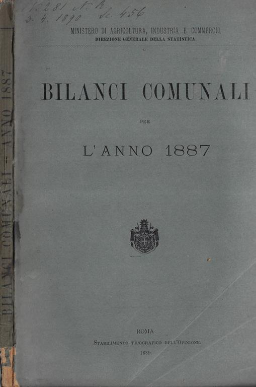Bilanci comunali per l'anno 1887 - copertina