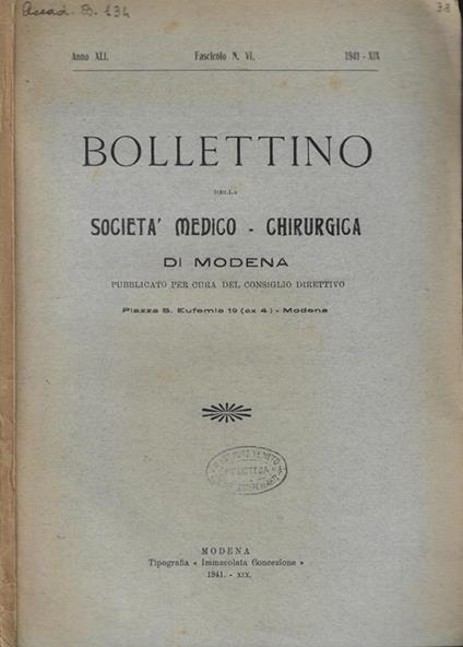 Bollettino della Società Medico-Chirurgica di Modena Anno 1941 n. VI - copertina