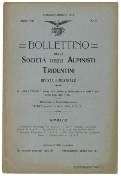 BOLLETTINO DELLA SOCIETA' DEGLI ALPINISTI TRIDENTINI. Anno VII - N. 5, Settembre-ottobre 1910 - copertina